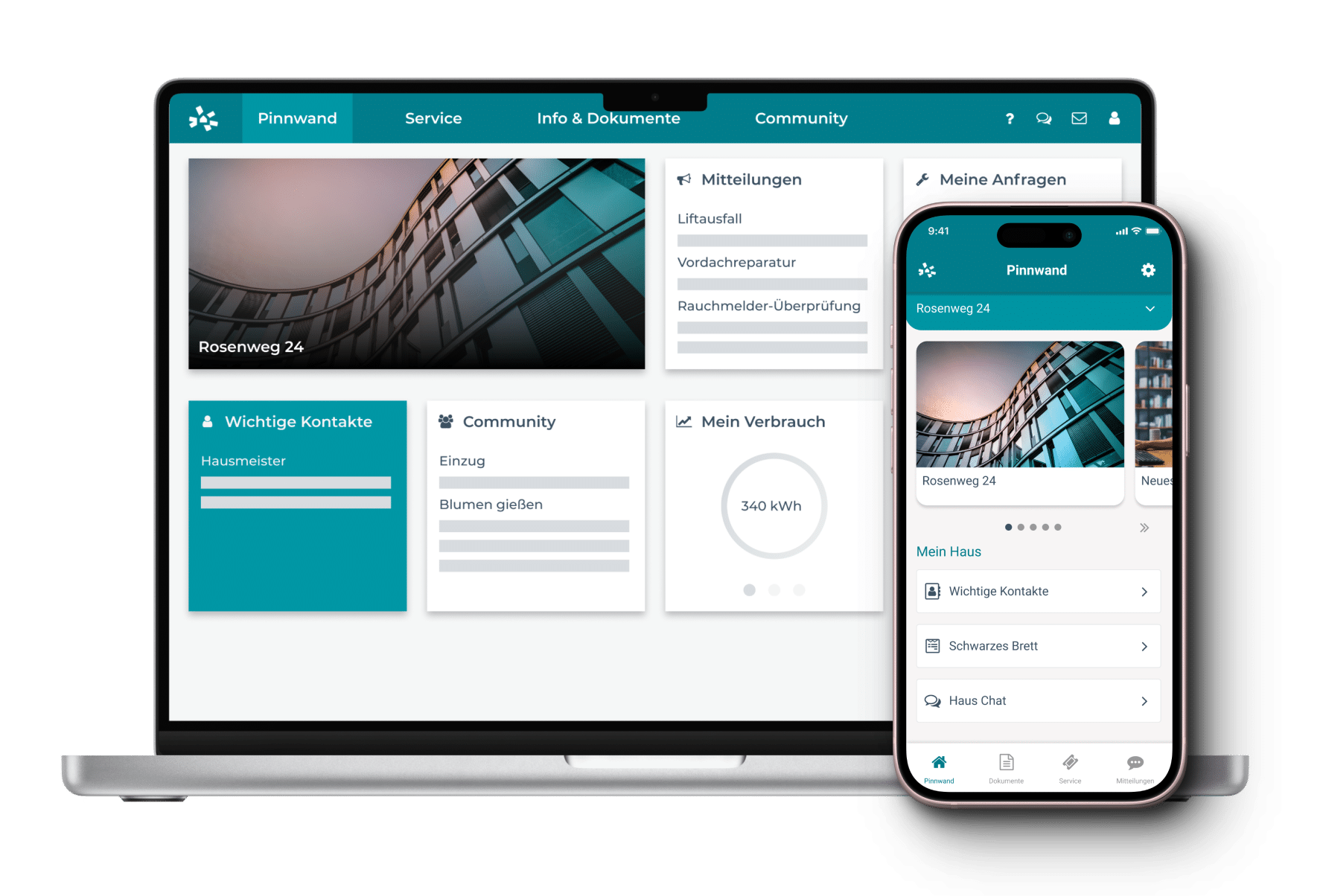Casavi Eigentümer-Portal — Pinnwand auf Laptop und iPhone