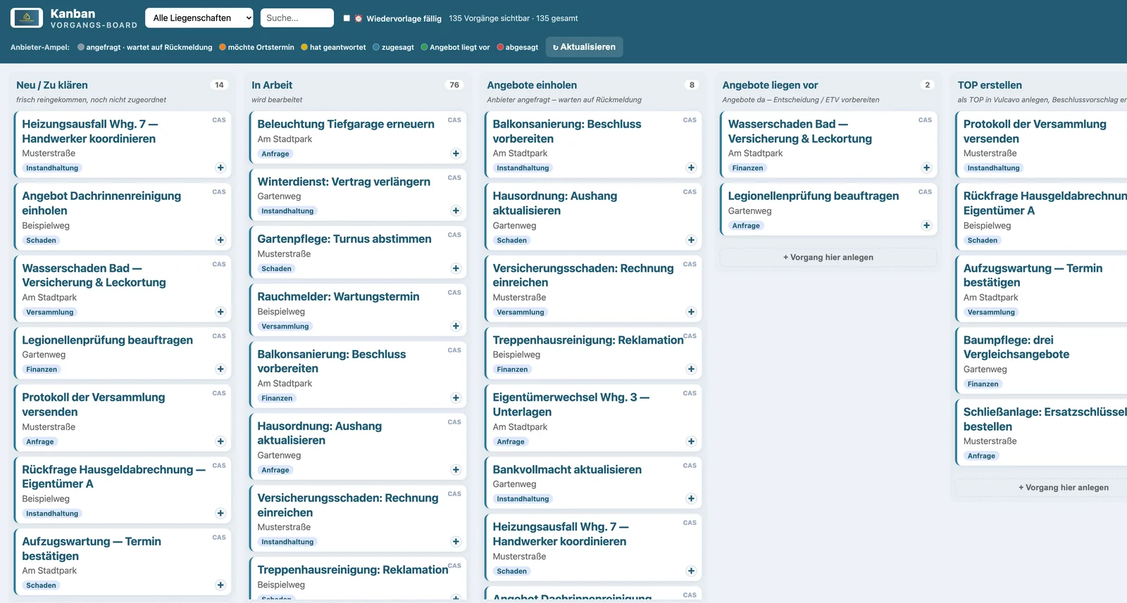 Kanban-Vorgangsboard: Spalten Neu, In Arbeit, Angebote einholen, Angebote liegen vor — mit Beispiel-Vorgängen